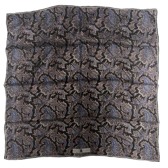 ROBERT TALBOTT Fine Silk Scarf Printed in Italy  Black Blue Brown Paisley 25" - Picture 1 of 5